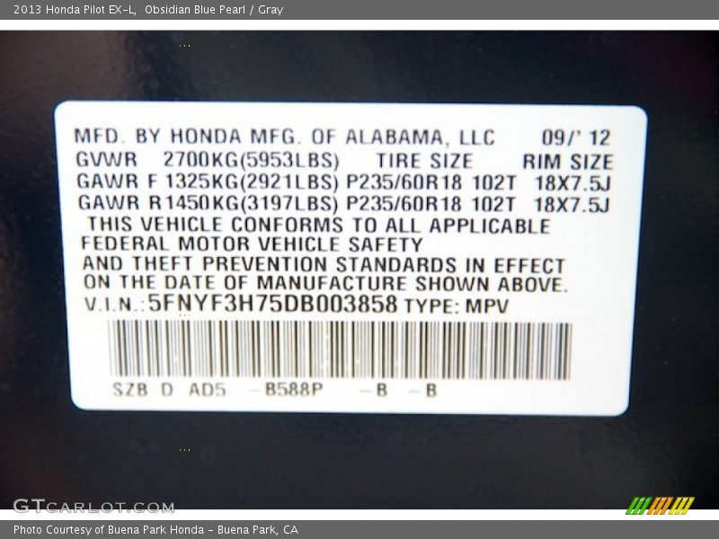 2013 Pilot EX-L Obsidian Blue Pearl Color Code B588P