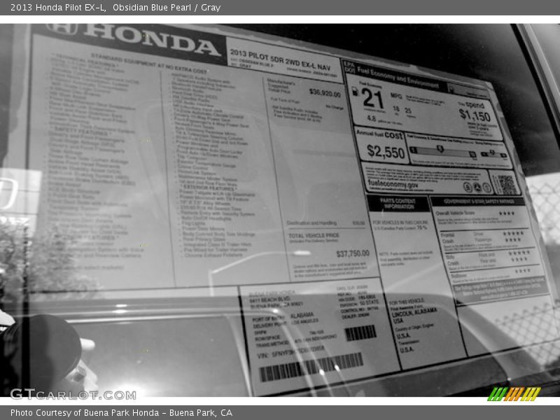  2013 Pilot EX-L Window Sticker