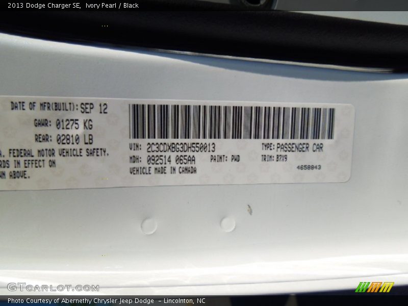 2013 Charger SE Ivory Pearl Color Code PWD