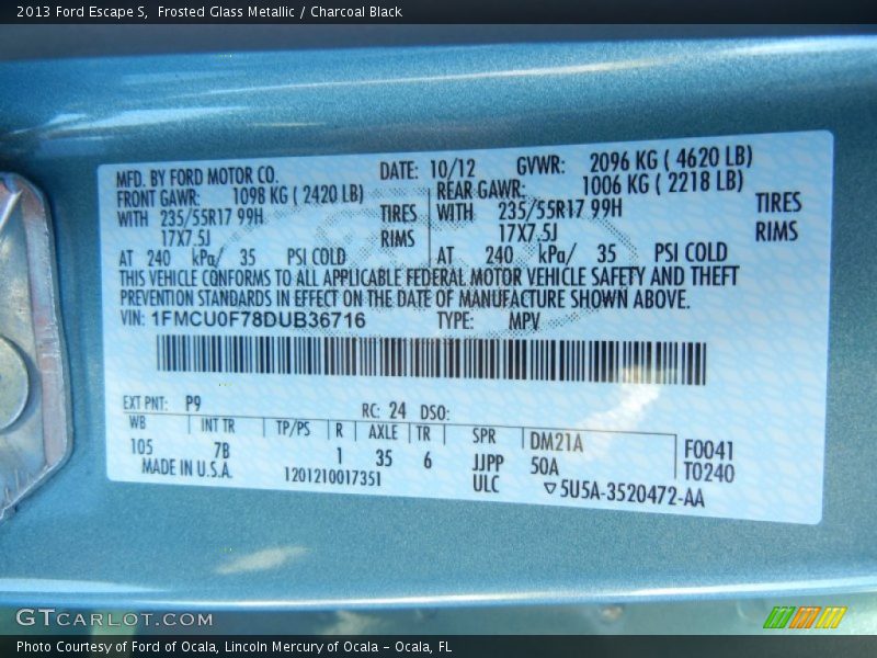 Frosted Glass Metallic / Charcoal Black 2013 Ford Escape S