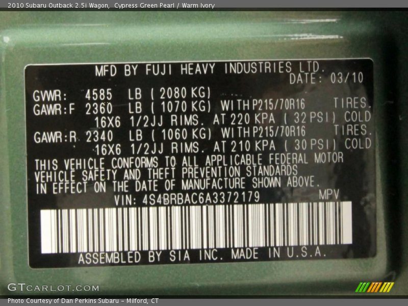 Cypress Green Pearl / Warm Ivory 2010 Subaru Outback 2.5i Wagon