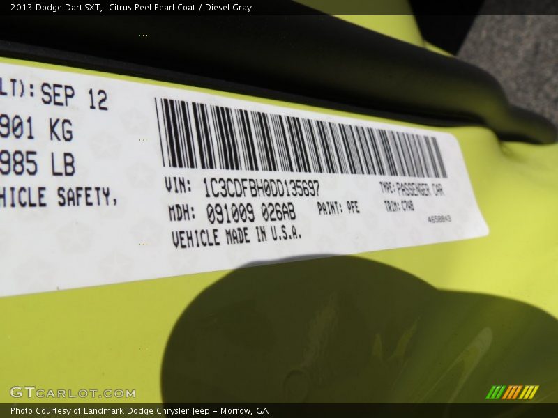 2013 Dart SXT Citrus Peel Pearl Coat Color Code PFE