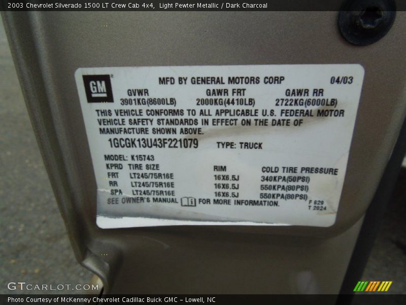 Light Pewter Metallic / Dark Charcoal 2003 Chevrolet Silverado 1500 LT Crew Cab 4x4