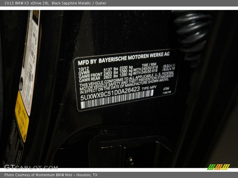 Black Sapphire Metallic / Oyster 2013 BMW X3 xDrive 28i