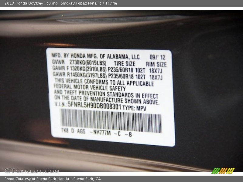 2013 Odyssey Touring Smokey Topaz Metallic Color Code NH777M