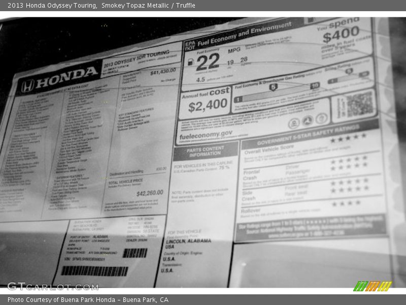  2013 Odyssey Touring Window Sticker