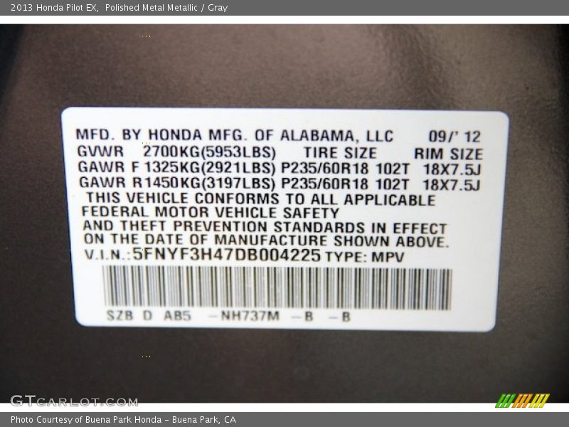 Polished Metal Metallic / Gray 2013 Honda Pilot EX