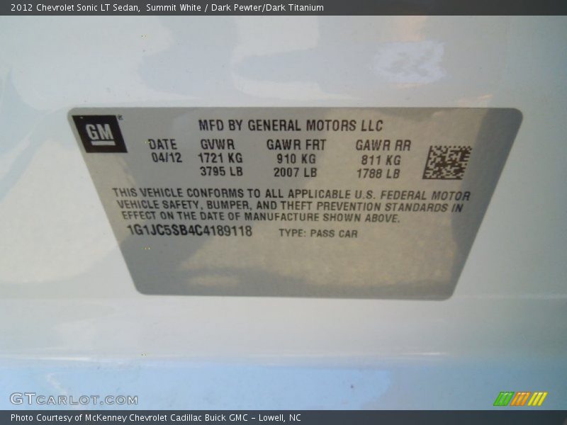 Summit White / Dark Pewter/Dark Titanium 2012 Chevrolet Sonic LT Sedan