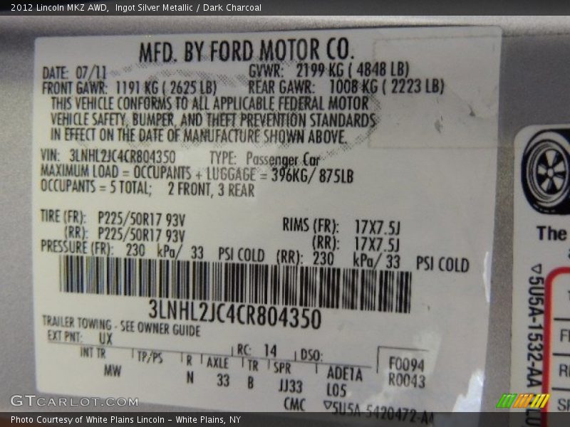 Ingot Silver Metallic / Dark Charcoal 2012 Lincoln MKZ AWD