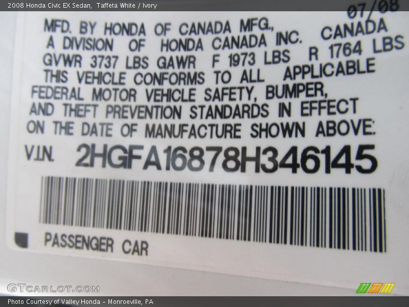 Taffeta White / Ivory 2008 Honda Civic EX Sedan