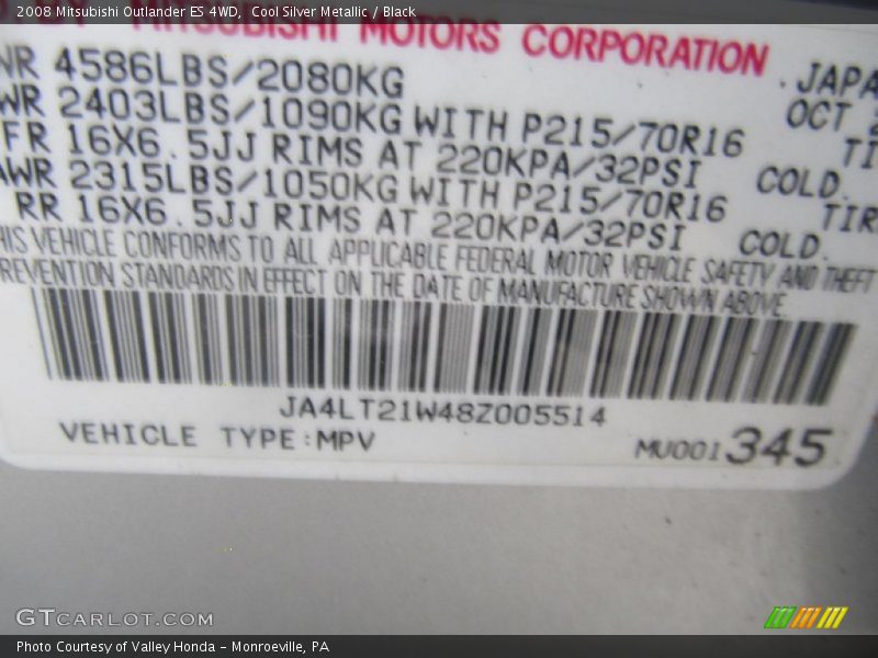 Cool Silver Metallic / Black 2008 Mitsubishi Outlander ES 4WD