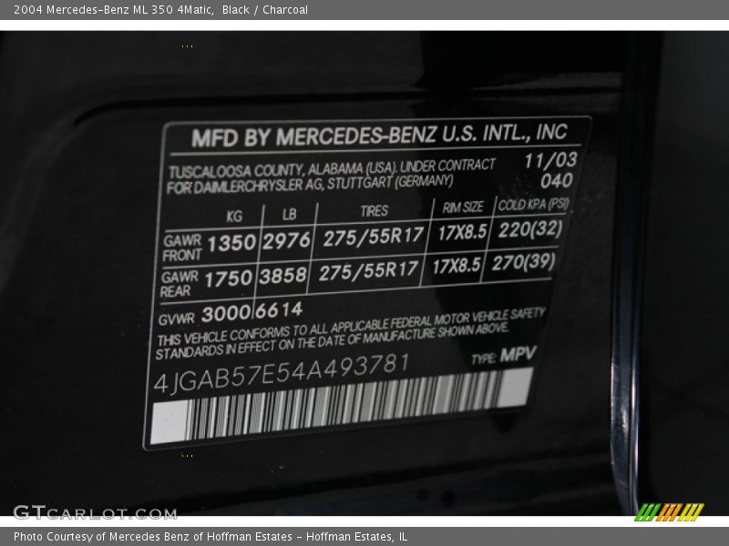 Black / Charcoal 2004 Mercedes-Benz ML 350 4Matic