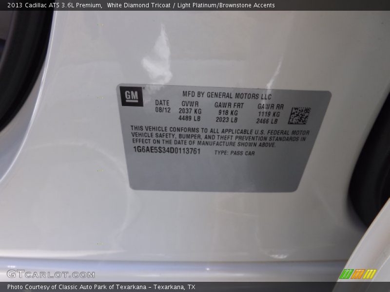 White Diamond Tricoat / Light Platinum/Brownstone Accents 2013 Cadillac ATS 3.6L Premium