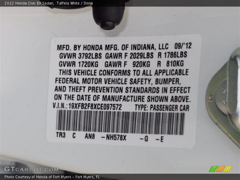 Taffeta White / Stone 2012 Honda Civic EX Sedan