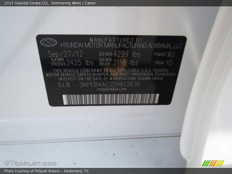 Shimmering White / Camel 2013 Hyundai Sonata GLS