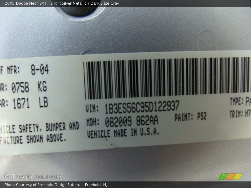 Bright Silver Metallic / Dark Slate Gray 2005 Dodge Neon SXT