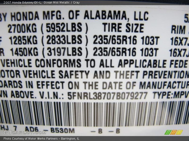 Ocean Mist Metallic / Gray 2007 Honda Odyssey EX-L