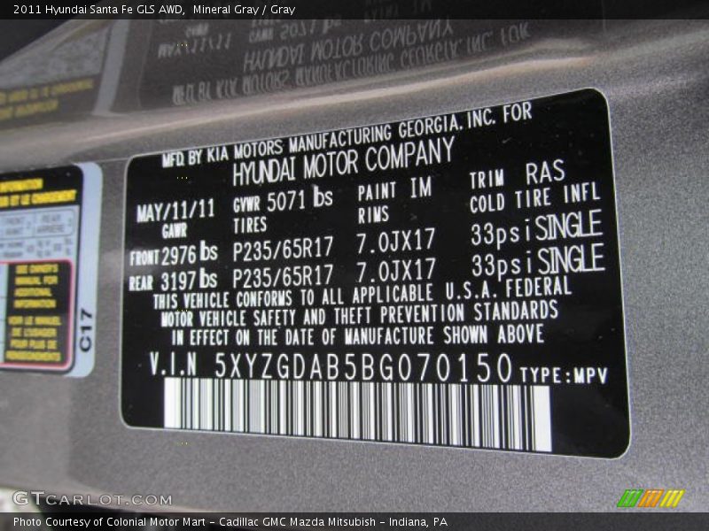 Mineral Gray / Gray 2011 Hyundai Santa Fe GLS AWD
