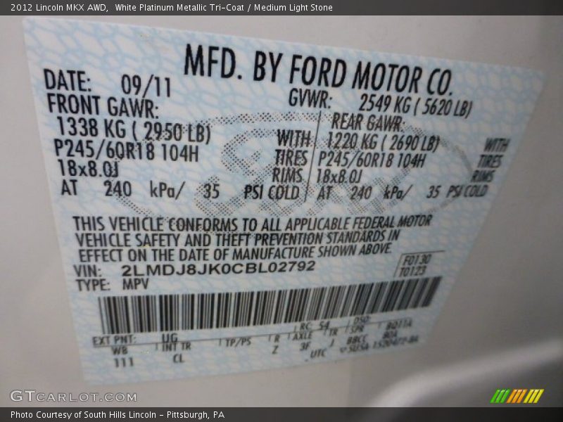 White Platinum Metallic Tri-Coat / Medium Light Stone 2012 Lincoln MKX AWD