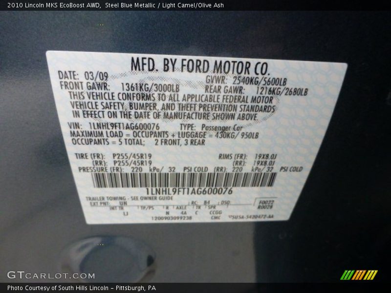 Steel Blue Metallic / Light Camel/Olive Ash 2010 Lincoln MKS EcoBoost AWD