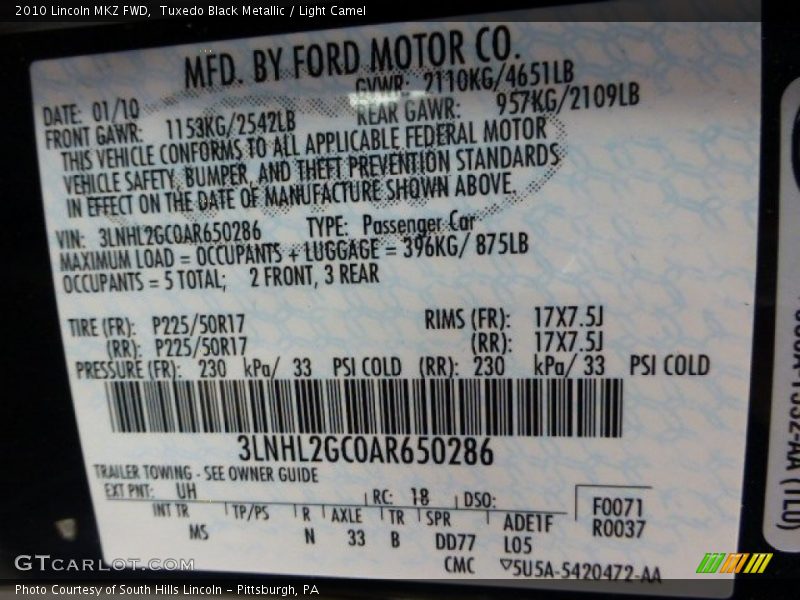 Tuxedo Black Metallic / Light Camel 2010 Lincoln MKZ FWD