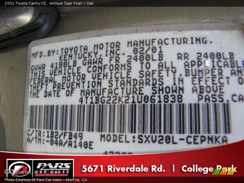 Antique Sage Pearl / Oak 2001 Toyota Camry CE