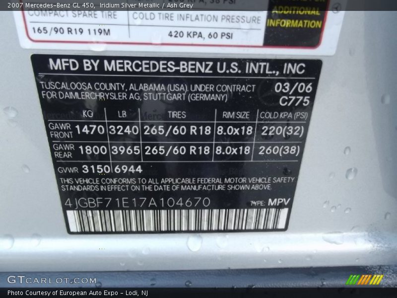 Iridium Silver Metallic / Ash Grey 2007 Mercedes-Benz GL 450