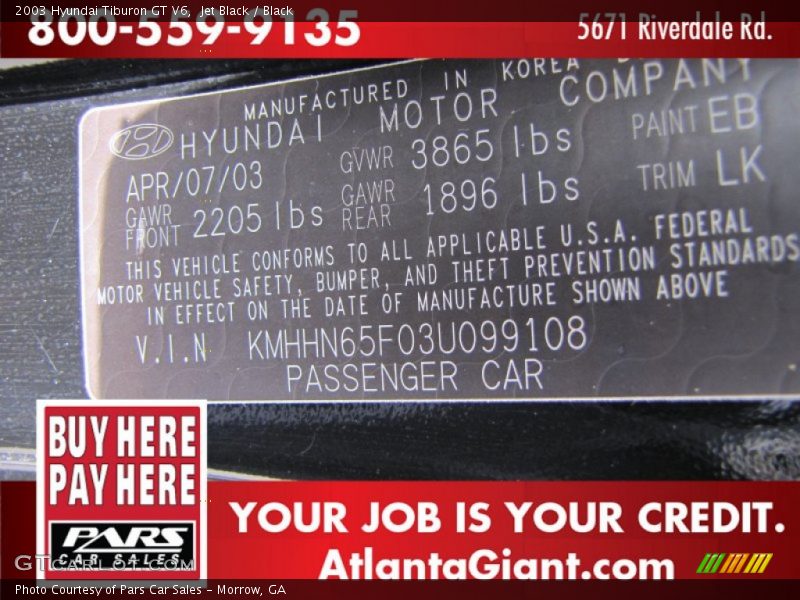 Jet Black / Black 2003 Hyundai Tiburon GT V6