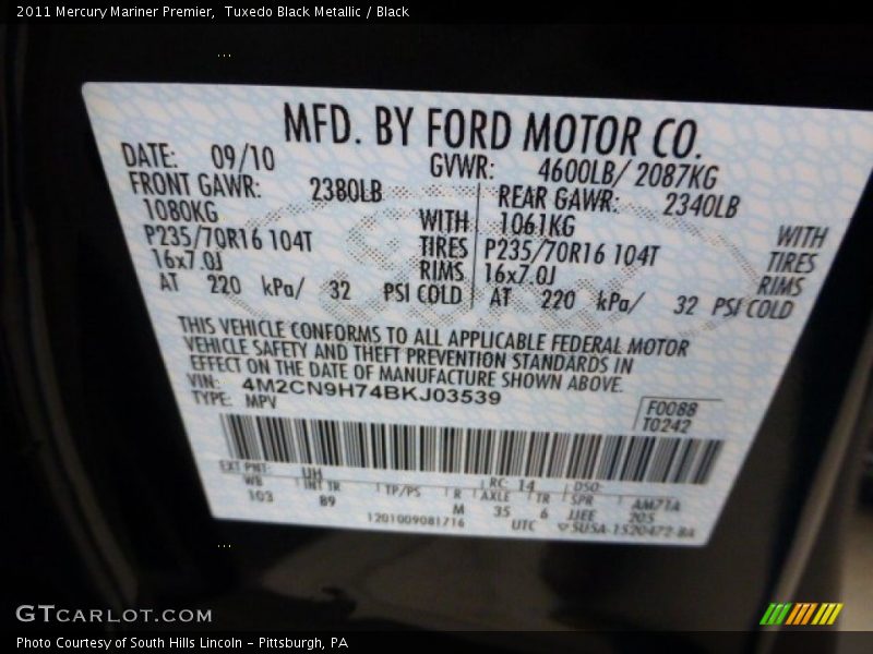 2011 Mariner Premier Tuxedo Black Metallic Color Code UH