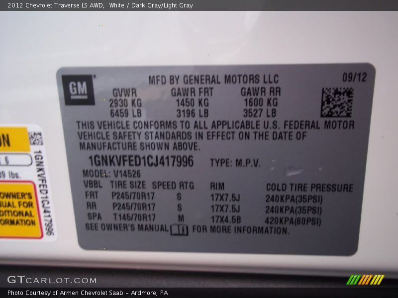 White / Dark Gray/Light Gray 2012 Chevrolet Traverse LS AWD