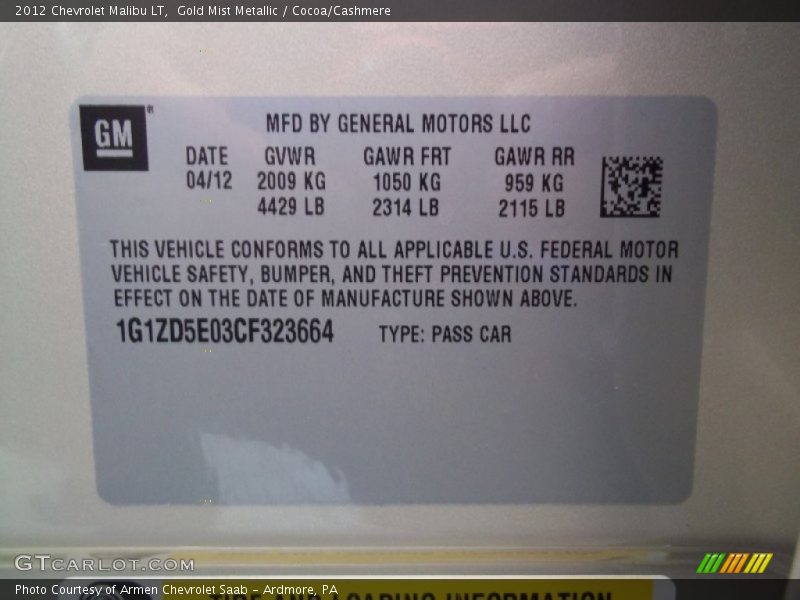 Gold Mist Metallic / Cocoa/Cashmere 2012 Chevrolet Malibu LT