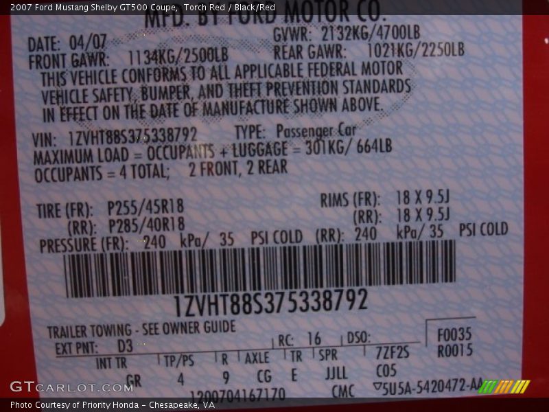 2007 Mustang Shelby GT500 Coupe Torch Red Color Code D3
