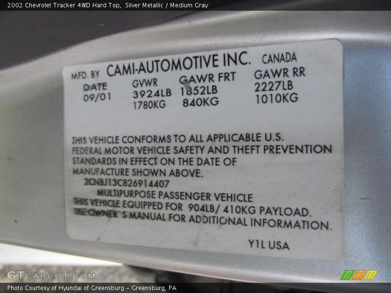 Silver Metallic / Medium Gray 2002 Chevrolet Tracker 4WD Hard Top