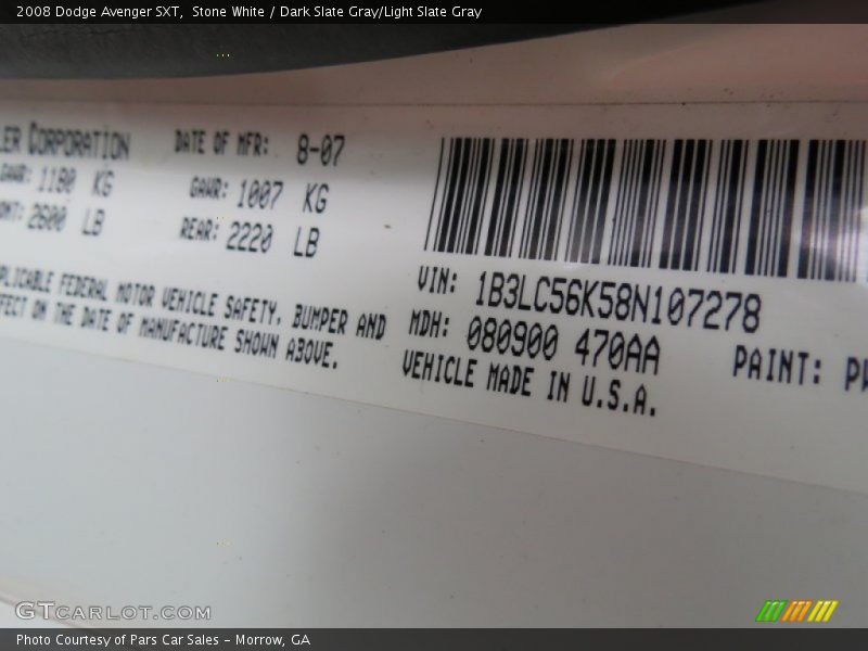 Stone White / Dark Slate Gray/Light Slate Gray 2008 Dodge Avenger SXT