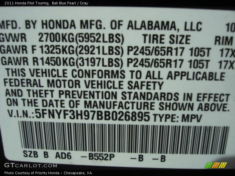 Bali Blue Pearl / Gray 2011 Honda Pilot Touring