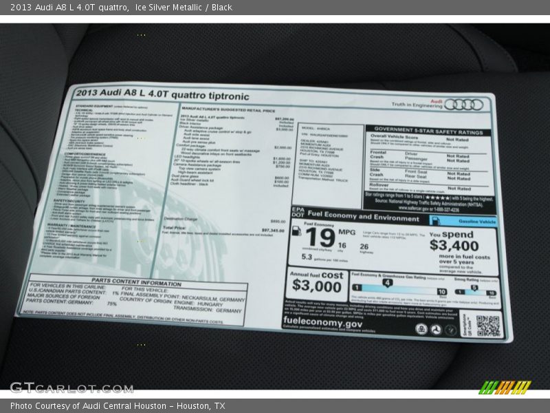  2013 A8 L 4.0T quattro Window Sticker