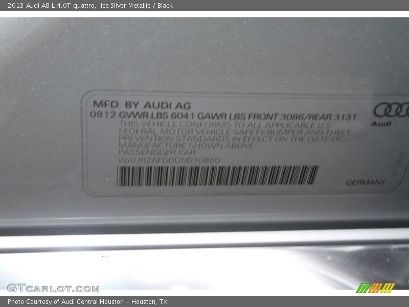 Ice Silver Metallic / Black 2013 Audi A8 L 4.0T quattro