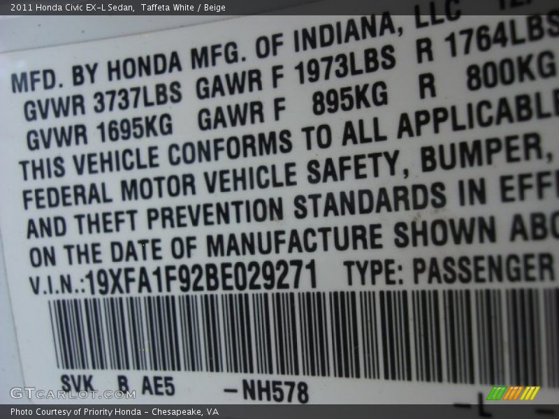 2011 Civic EX-L Sedan Taffeta White Color Code NH578