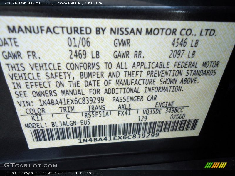 2006 Maxima 3.5 SL Smoke Metallic Color Code K11