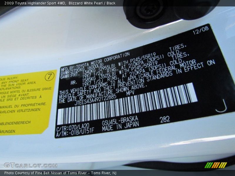 Blizzard White Pearl / Black 2009 Toyota Highlander Sport 4WD