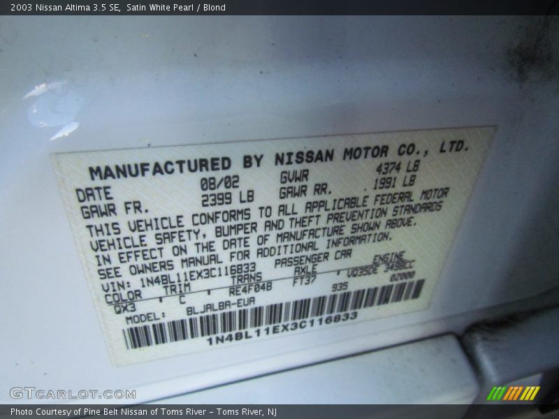 Satin White Pearl / Blond 2003 Nissan Altima 3.5 SE