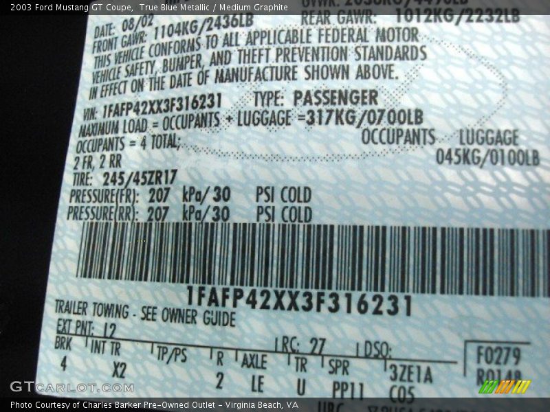 2003 Mustang GT Coupe True Blue Metallic Color Code L2