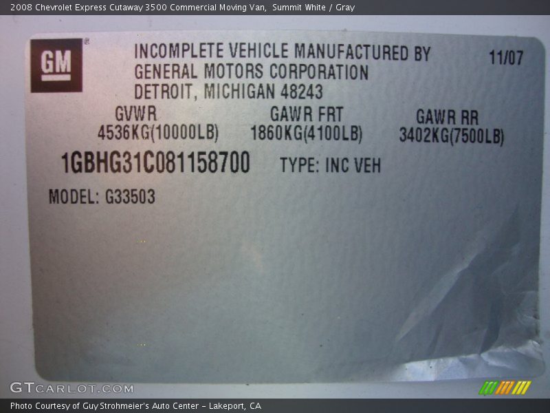 Summit White / Gray 2008 Chevrolet Express Cutaway 3500 Commercial Moving Van