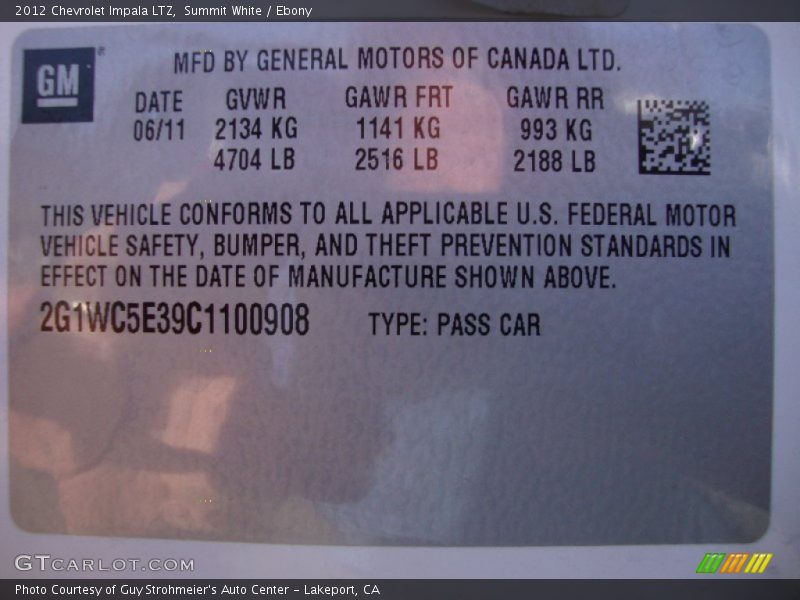 Summit White / Ebony 2012 Chevrolet Impala LTZ