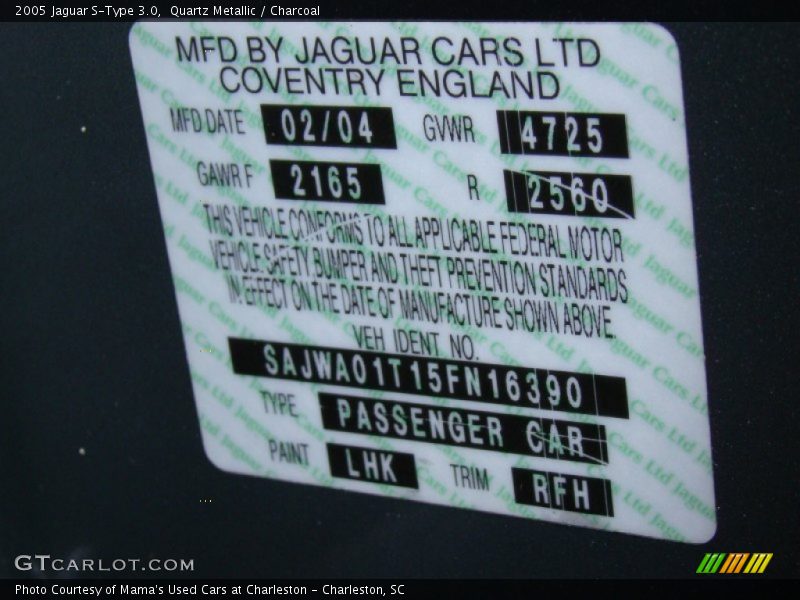 2005 S-Type 3.0 Quartz Metallic Color Code LHK