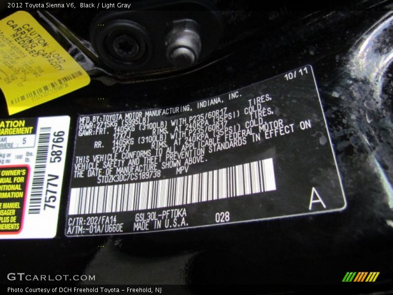 Black / Light Gray 2012 Toyota Sienna V6
