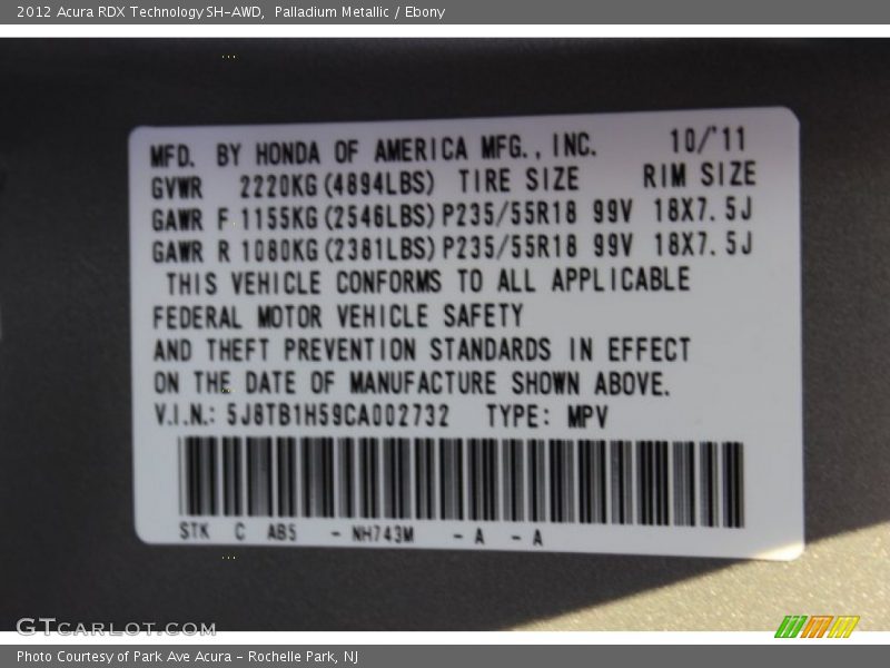 2012 RDX Technology SH-AWD Palladium Metallic Color Code NH743M