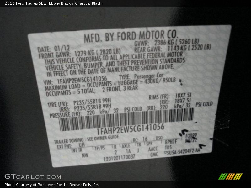 Ebony Black / Charcoal Black 2012 Ford Taurus SEL
