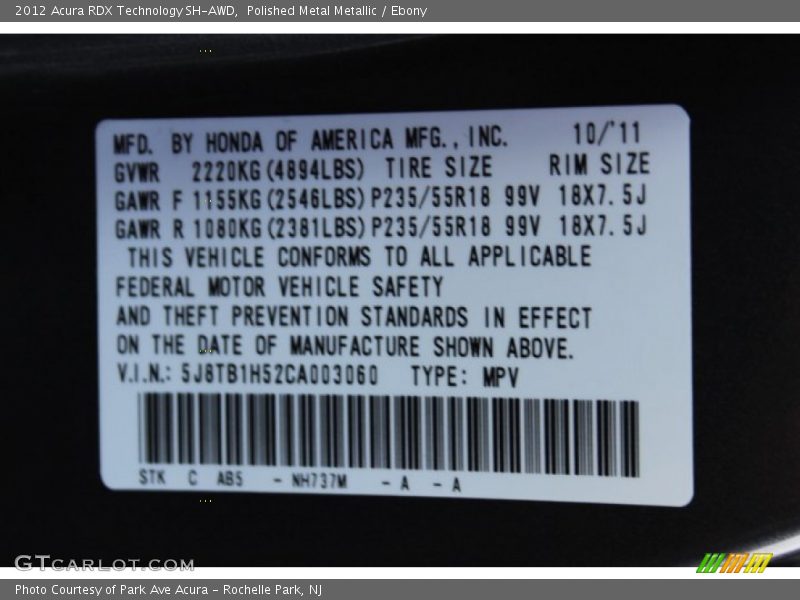2012 RDX Technology SH-AWD Polished Metal Metallic Color Code NH737M