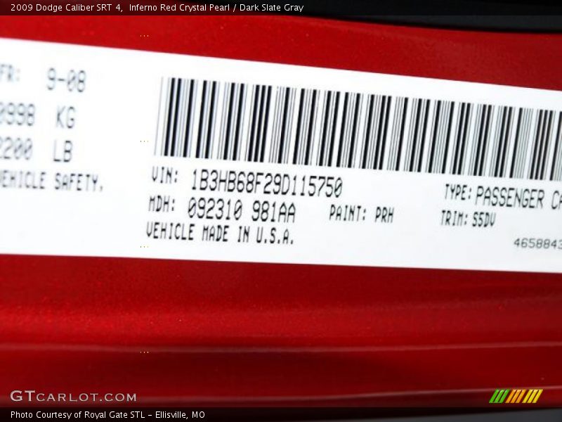 2009 Caliber SRT 4 Inferno Red Crystal Pearl Color Code PRH